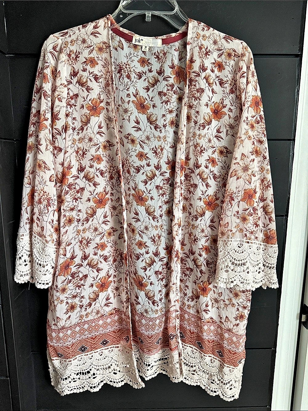 Jolt Boho Floral Lace Trim Kimono M Pink /Brown